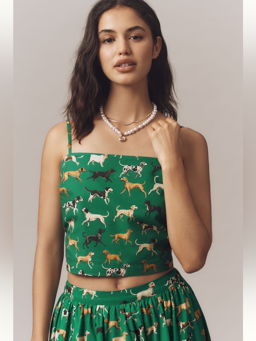 Maeve Emerald Green Dog-Print Straight- Neck Crop Top - Size XS - BNWT
